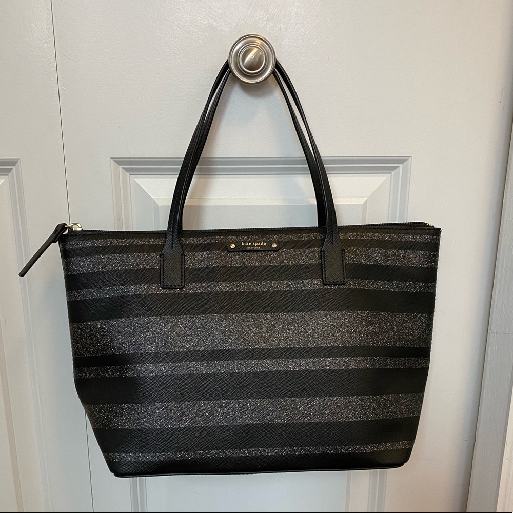 Kate Spade Black & Silver Glitter Stripe Faux Leather Haven Lane Hani Small Tote